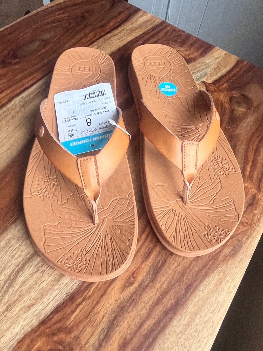 Reef Cushion Porto Cruz Sandals Tan Leather Thong Flip Flops Women’s 8 NWT